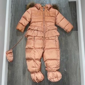 ADD down baby girls winter snowsuit 1 piece with fur hood. 12m